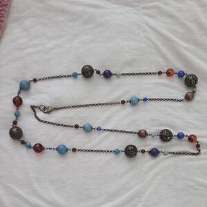 2000s Retro Blue And Bronze Beaded Necklace